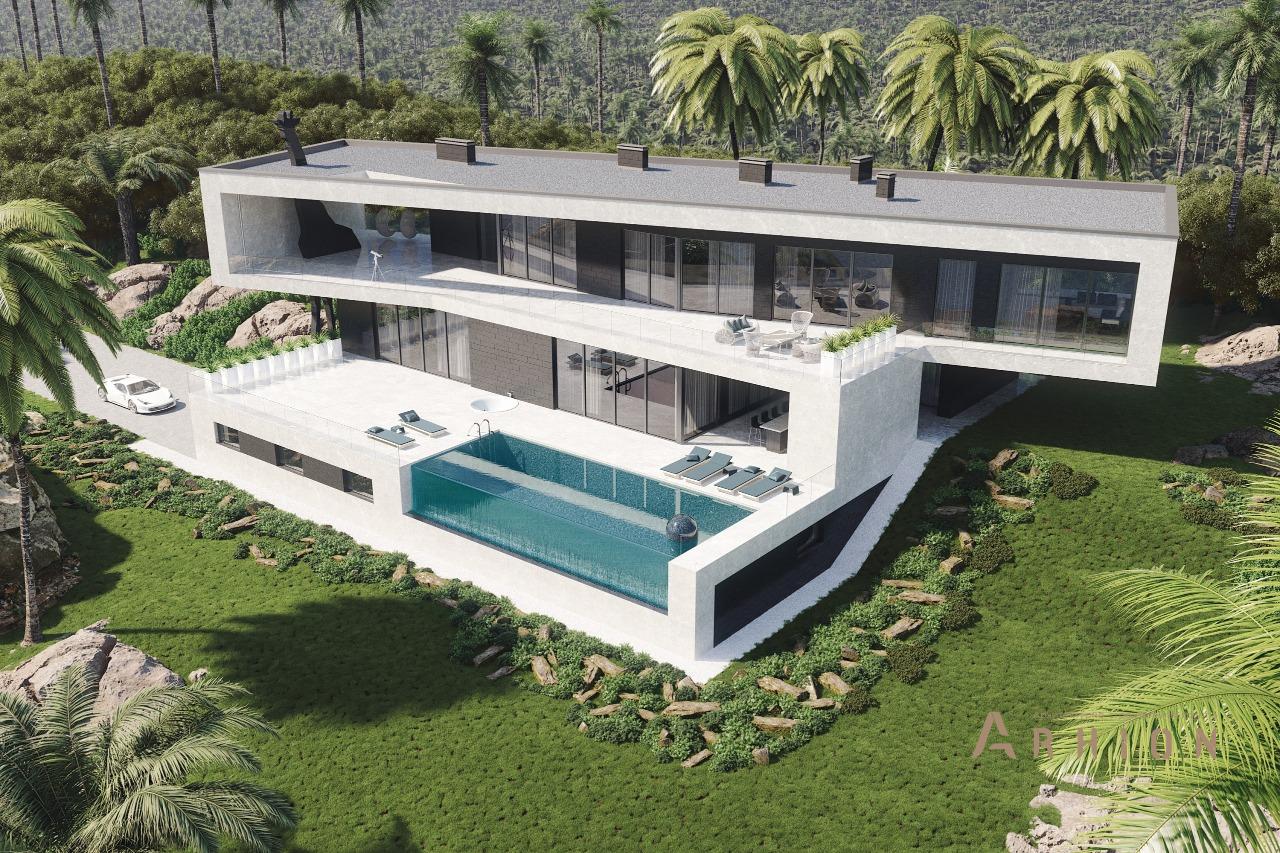 3. Проект двухэтажного дома в стиле минимализм с плоской кровлей , m-386, площадью - 679 кв c цокольным этажом, сауной, терассой, балконом, гаражом, бассейном, вторым светом